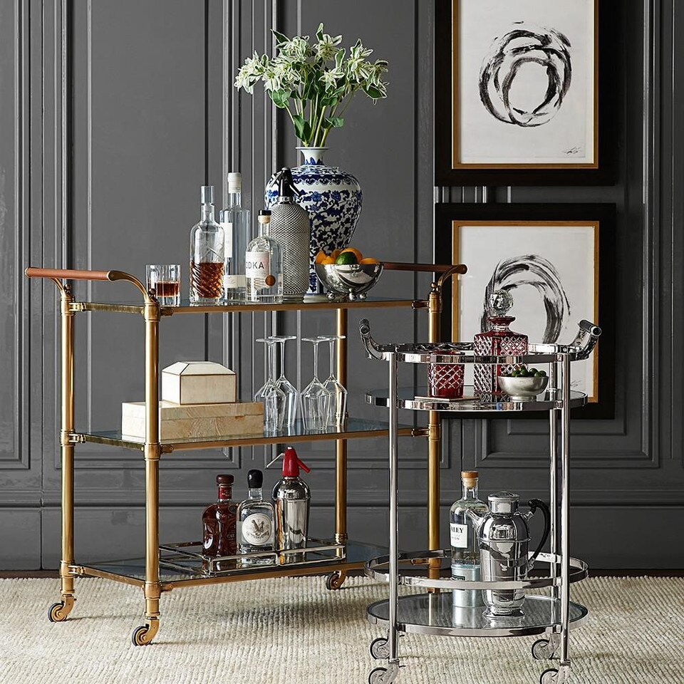 Truman Round Bar Cart, Antique Brass, Saddle Leather Williams Sonoma AU
